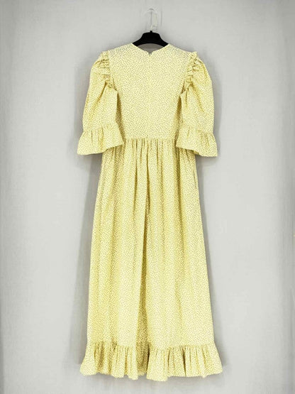 Pre - loved BATSHEVA Yellow Printed Size Small Midi Dress at Reems Closet