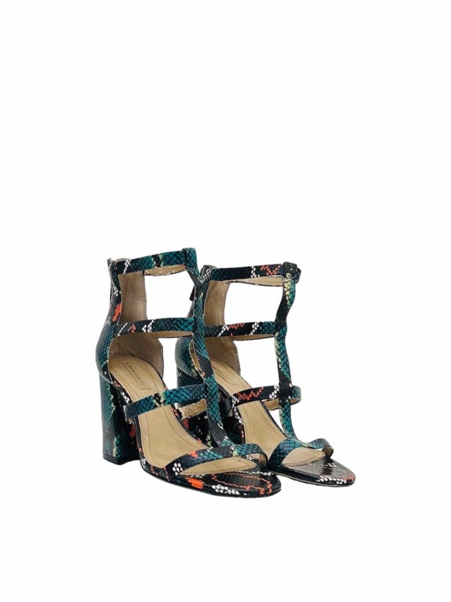 Pre-loved BCBG MAXAZRIA T-strap Black Multicolor Heeled Sandals from Reems Closet
