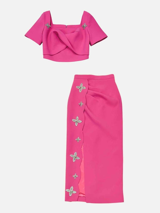 Pre - loved BIRGUL GORALCAN Cropped Pink Top & Skirt Outfit at Reems Closet