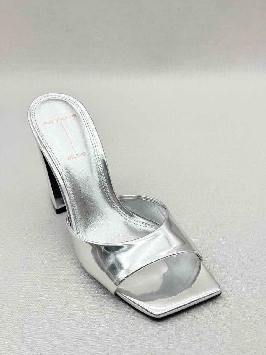 Pre - loved BLACK SUEDE STUDIO Metallic Silver Size EU 38 Mules at Reems Closet
