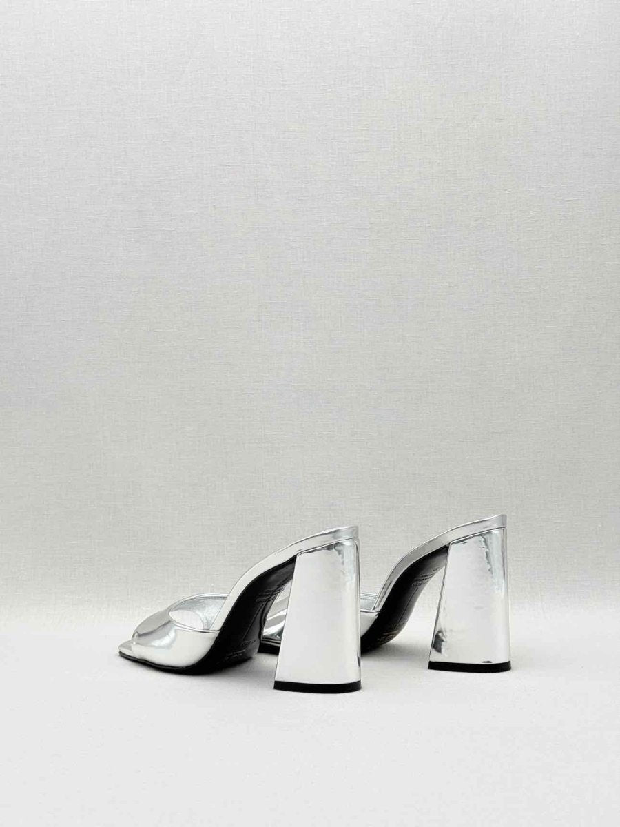 Pre - loved BLACK SUEDE STUDIO Metallic Silver Size EU 38 Mules at Reems Closet