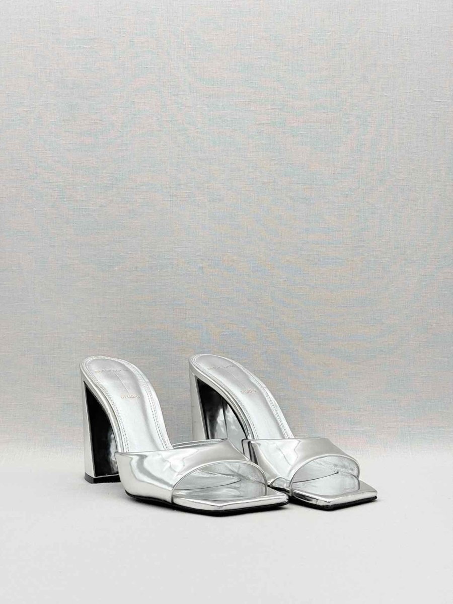 Pre - loved BLACK SUEDE STUDIO Metallic Silver Size EU 38 Mules at Reems Closet