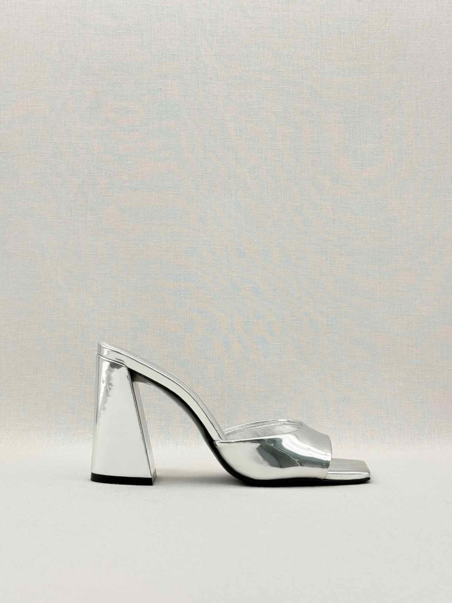 Pre - loved BLACK SUEDE STUDIO Metallic Silver Size EU 38 Mules at Reems Closet