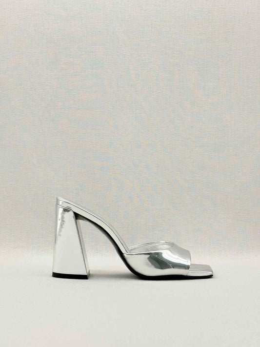 Pre - loved BLACK SUEDE STUDIO Metallic Silver Size EU 38 Mules at Reems Closet