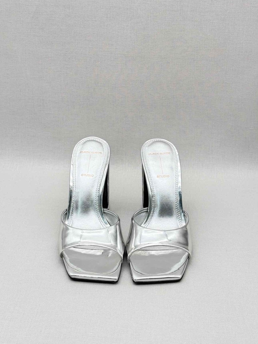 Pre - loved BLACK SUEDE STUDIO Metallic Silver Size EU 38 Mules at Reems Closet