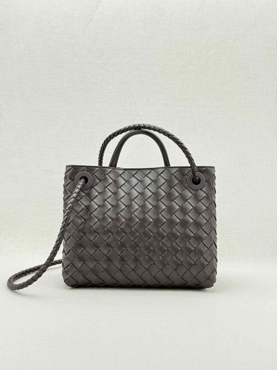 Pre - loved BOTTEGA VENETA Andiamo Brown Intrecciato Top Handle at Reems Closet