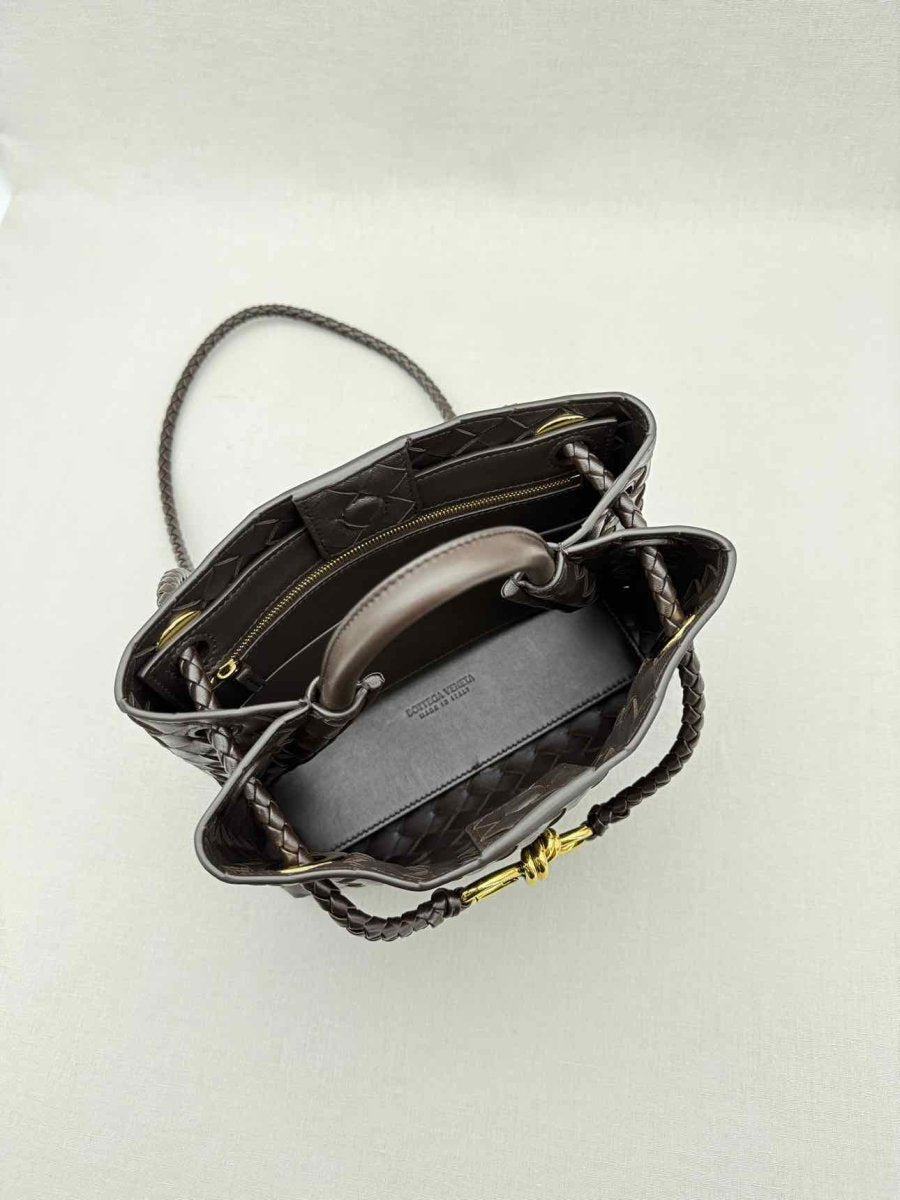 Pre - loved BOTTEGA VENETA Andiamo Brown Intrecciato Top Handle at Reems Closet