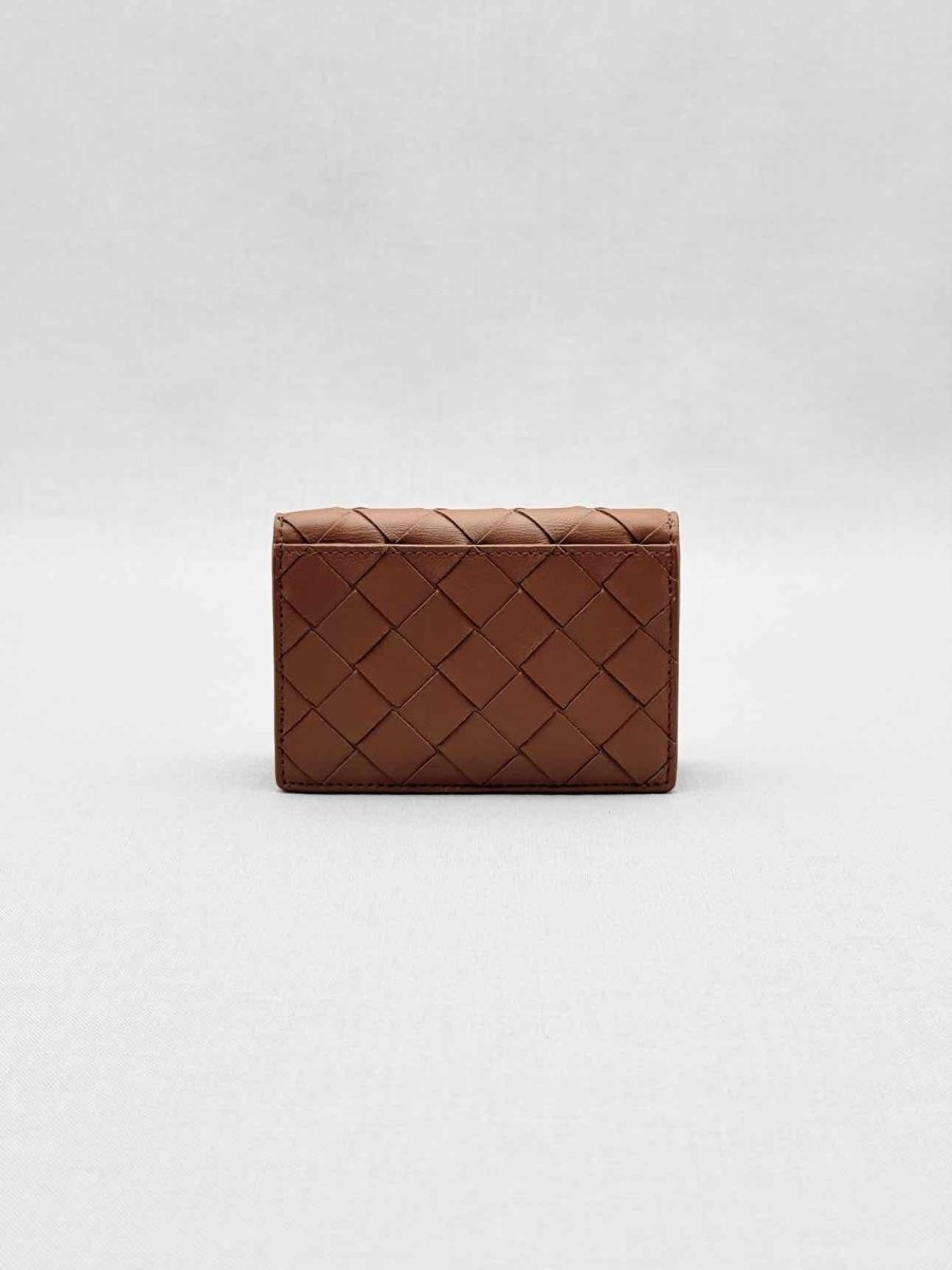 Pre - loved BOTTEGA VENETA Caramel Lattice Compact Wallet at Reems Closet