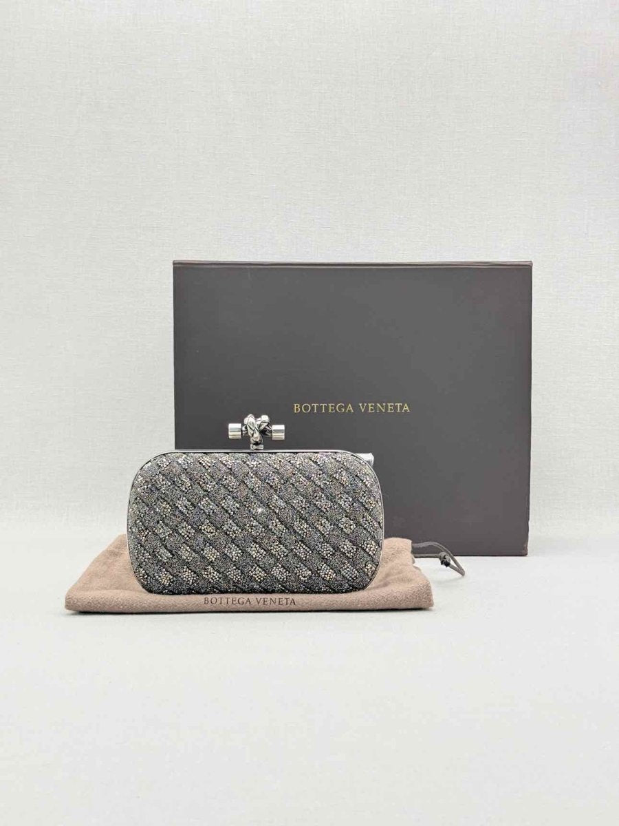 Pre-loved BOTTEGA VENETA Crystal Knot Silver & Black Clutch at Reems Closet
