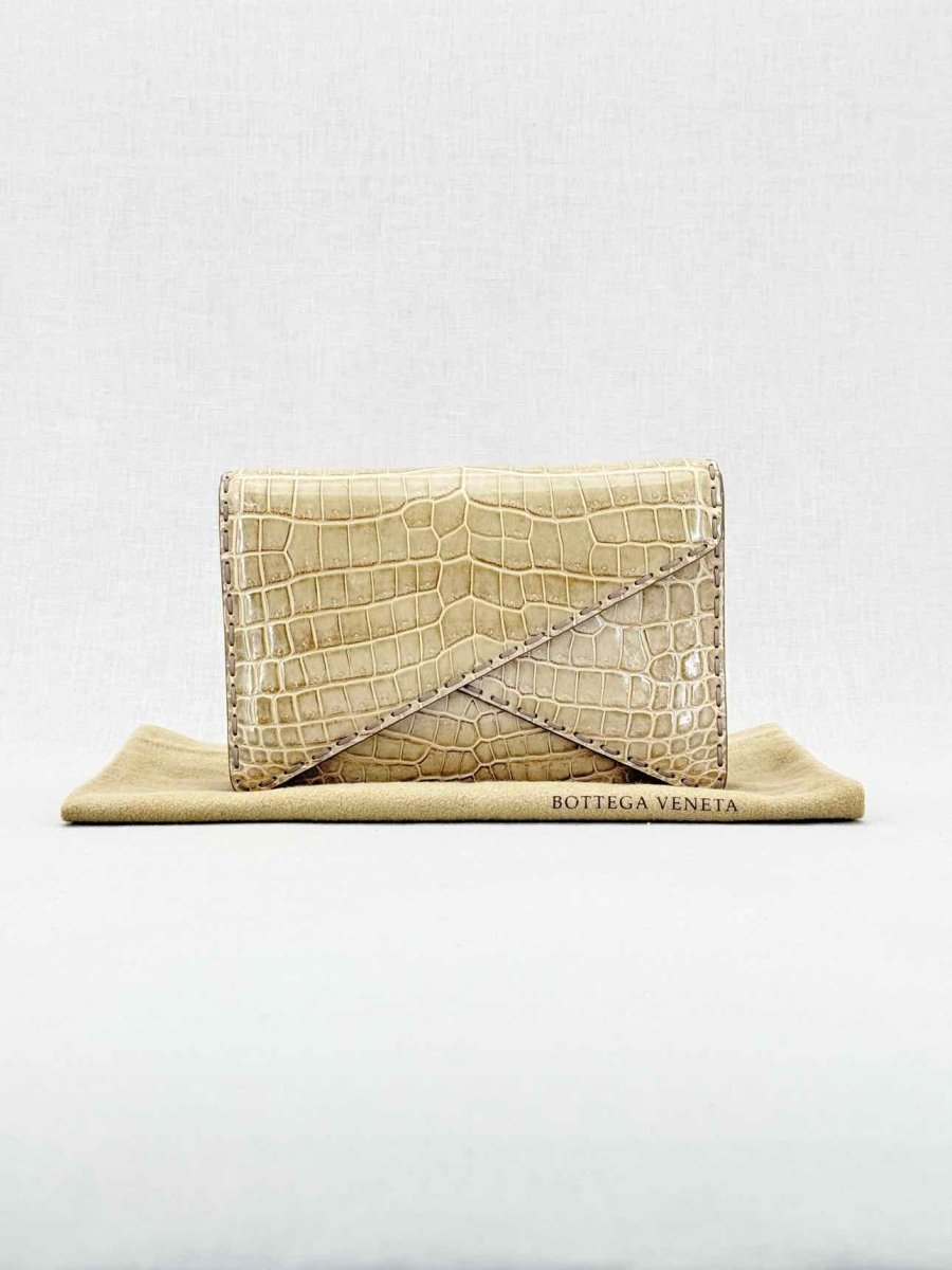 Pre - loved BOTTEGA VENETA Envelope Beige Clutch at Reems Closet
