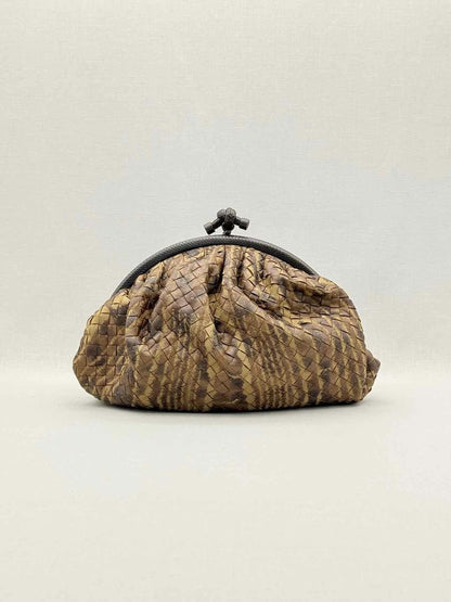 Pre-loved BOTTEGA VENETA Knot Frame Brown Intrecciato Clutch at Reems Closet