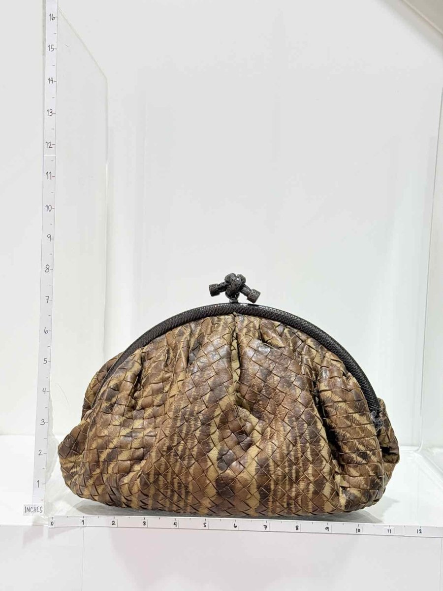 Pre-loved BOTTEGA VENETA Knot Frame Brown Intrecciato Clutch at Reems Closet