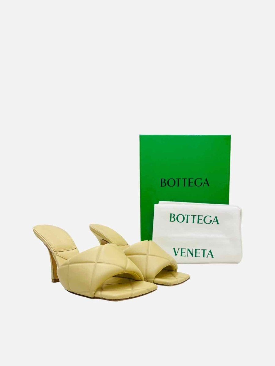 Pre - loved BOTTEGA VENETA Lido Yellow Quilted Heeled Sandals at Reems Closet