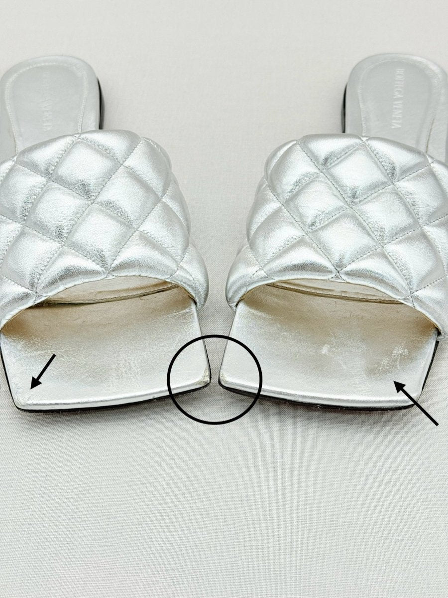 Pre - loved BOTTEGA VENETA Metallic Silver Size EU 38.5 Sandals at Reems Closet