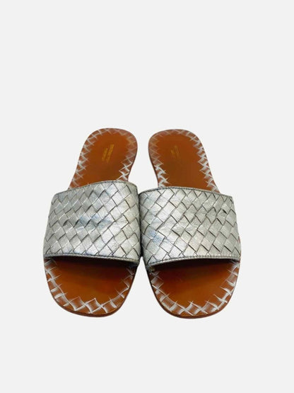 Pre - loved BOTTEGA VENETA Ravello Metallic Silver Slides 38 at Reems Closet