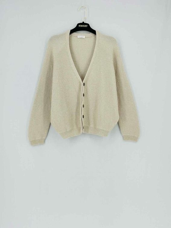 Pre - loved BRUNELLO CUCINELLI Lurex Beige Cardigan at Reems Closet