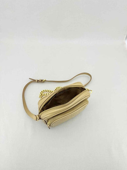 Pre - loved BURBERRY Beige Monogram Embossed Crossbody at Reems Closet