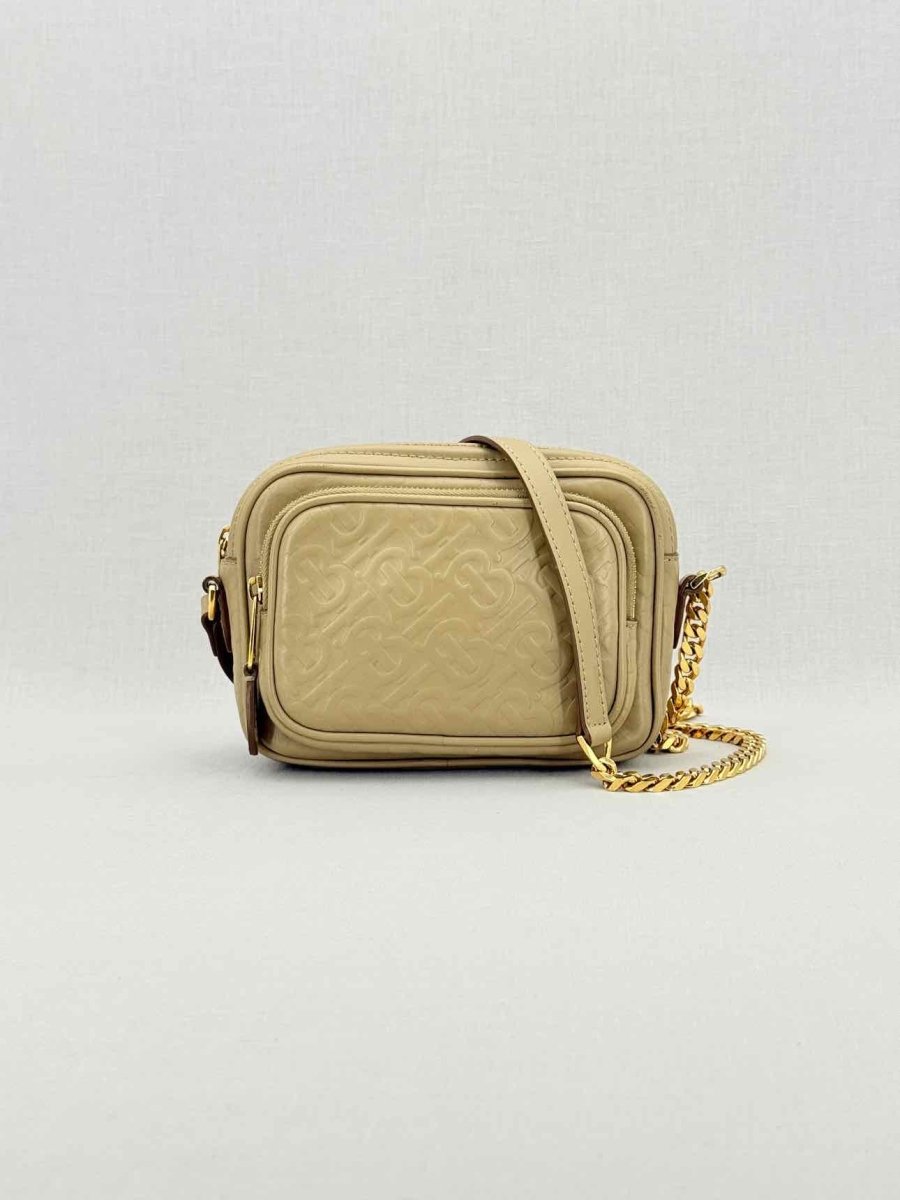 Pre - loved BURBERRY Beige Monogram Embossed Crossbody at Reems Closet