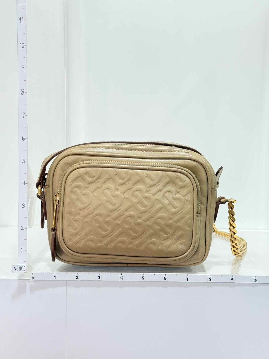 Pre - loved BURBERRY Beige Monogram Embossed Crossbody at Reems Closet