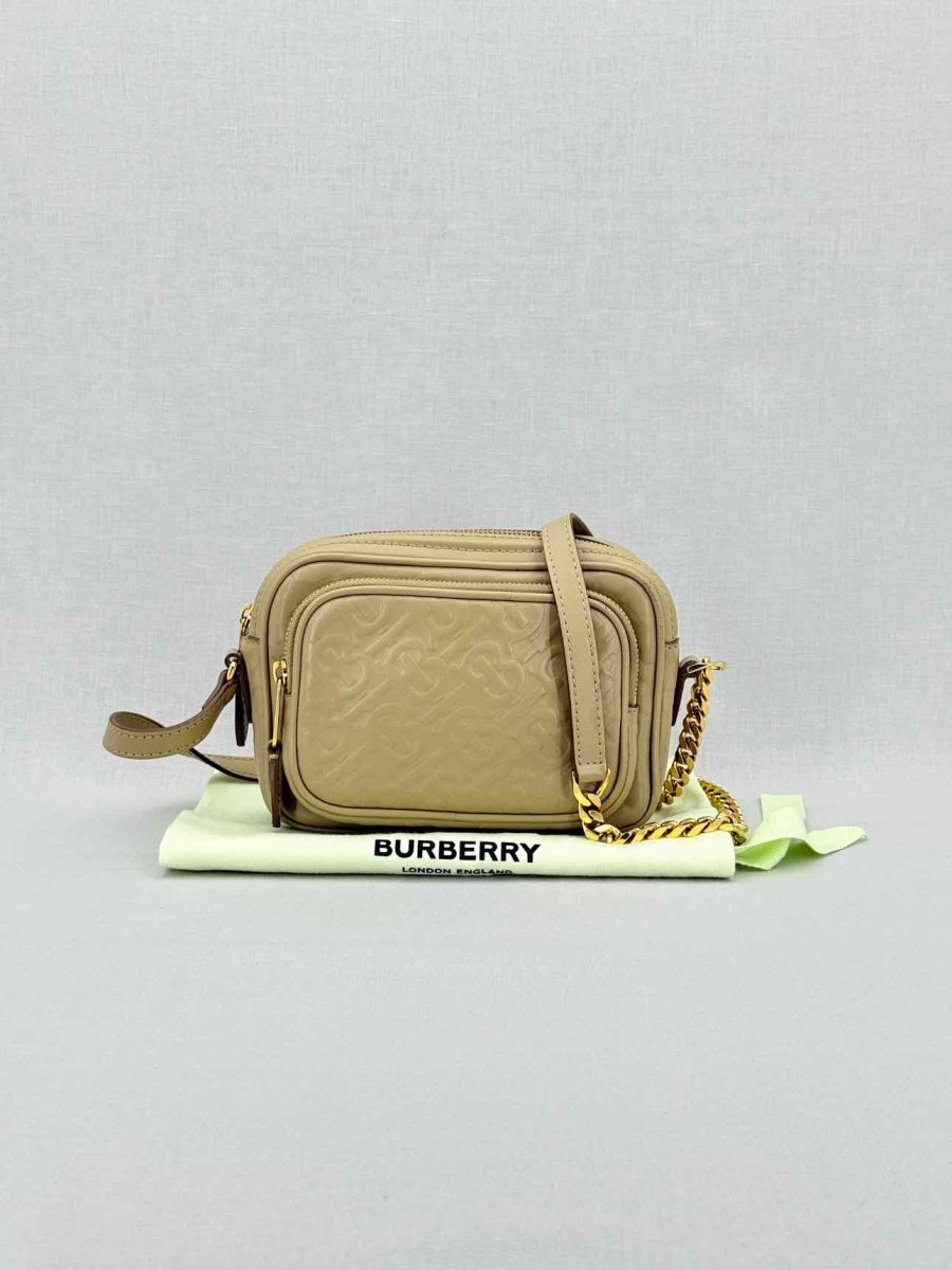 Pre - loved BURBERRY Beige Monogram Embossed Crossbody at Reems Closet