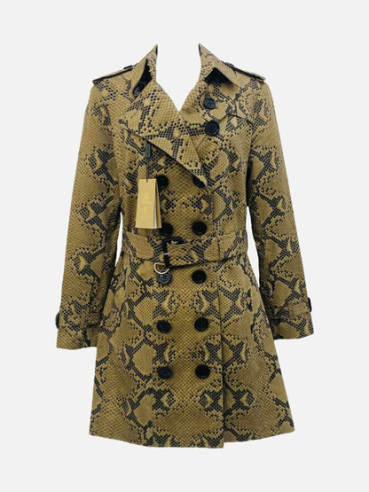 Pre - loved BURBERRY Belted Beige & Black Python Print Trench Coat at Reems Closet