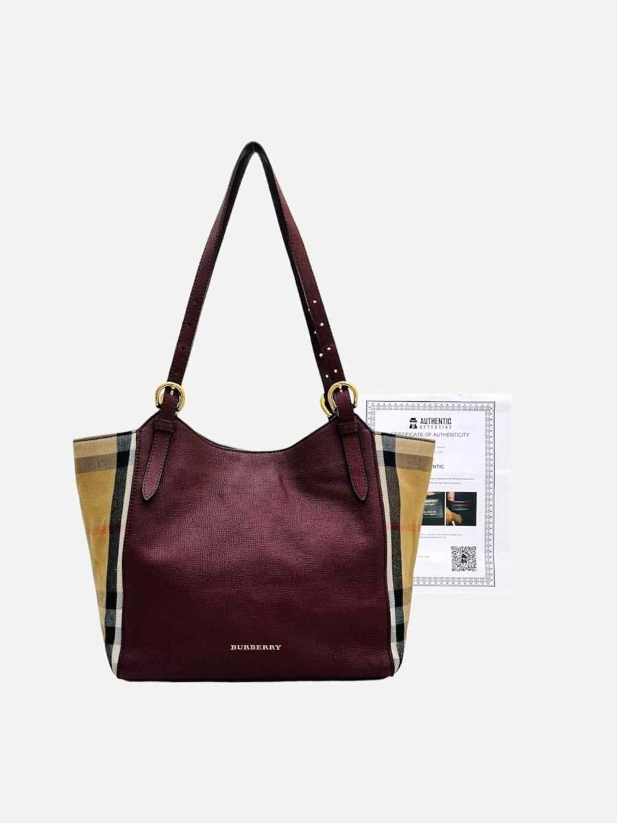 Pre - loved BURBERRY Canterbury Burgundy Check Tote Bag at Reems Closet