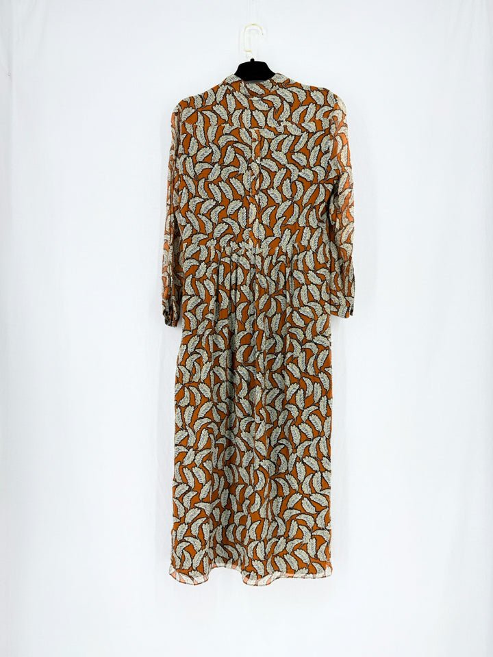 BURBERRY Brown Multicolor Leaf Size US 10 Midi Dress - Reems Closet BURBERRY Brown Multicolor Leaf Size US 10 Midi Dress - Reems Closet