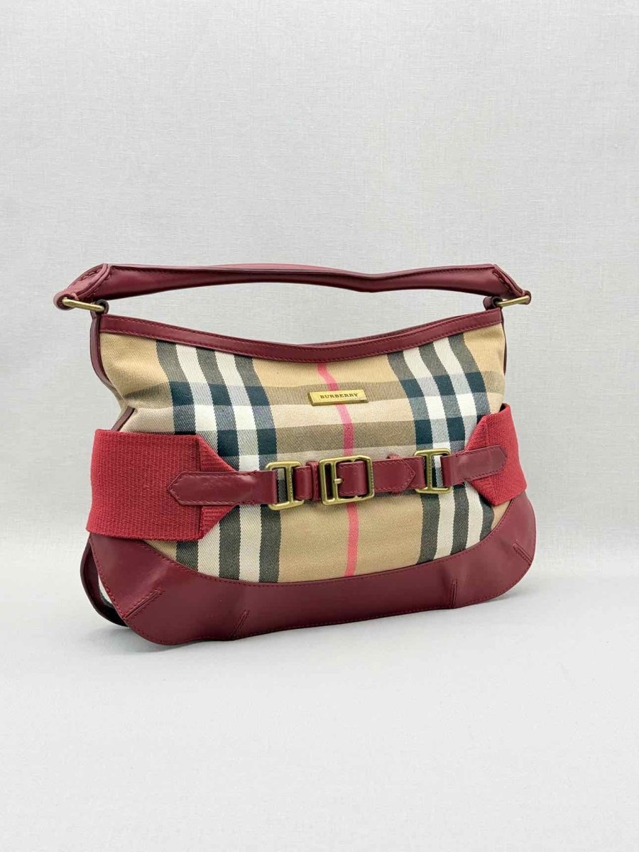 Pre - loved BURBERRY Red Multicolor Check Hobo bag at Reems Closet