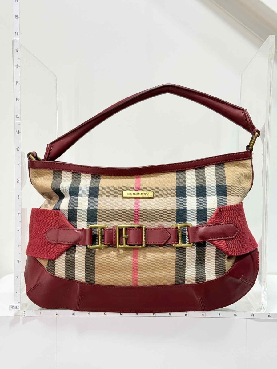 Pre - loved BURBERRY Red Multicolor Check Hobo bag at Reems Closet