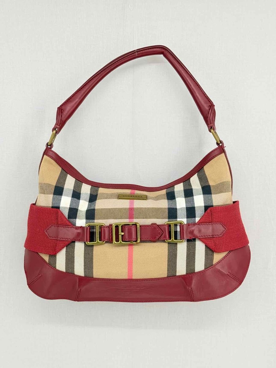Pre - loved BURBERRY Red Multicolor Check Hobo bag at Reems Closet
