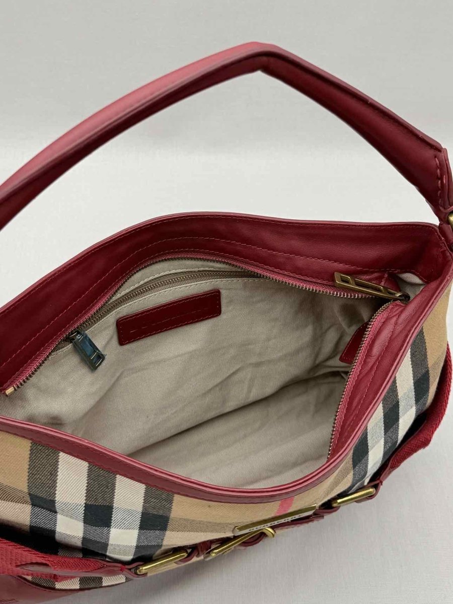 Pre - loved BURBERRY Red Multicolor Check Hobo bag at Reems Closet