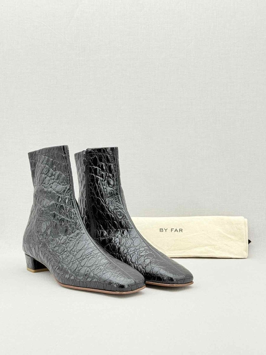 Pre - loved BY FAR Este Black Croc Embossed Size EU 41 Ankle Boots at Reems Closet