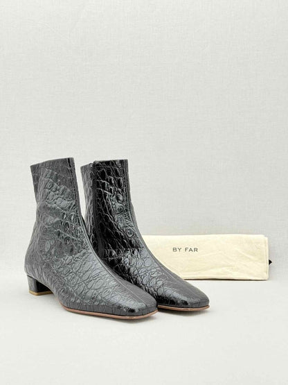 Pre - loved BY FAR Este Black Croc Embossed Size EU 41 Ankle Boots at Reems Closet