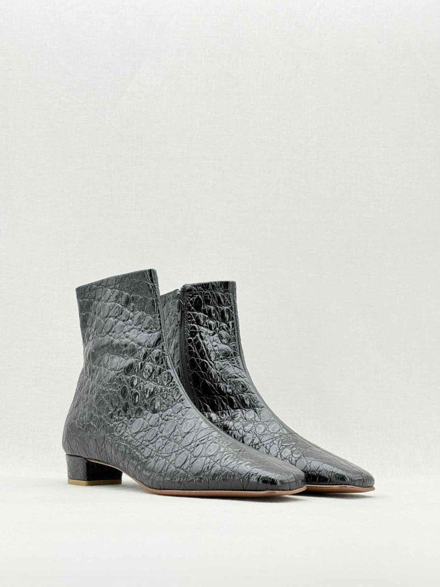 Pre - loved BY FAR Este Black Croc Embossed Size EU 41 Ankle Boots at Reems Closet