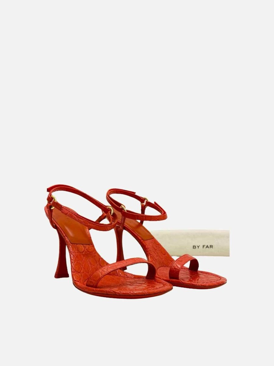 Pre-loved BY FAR Mia Orange Croc Embossed Heeled Sandals from Reems Closet