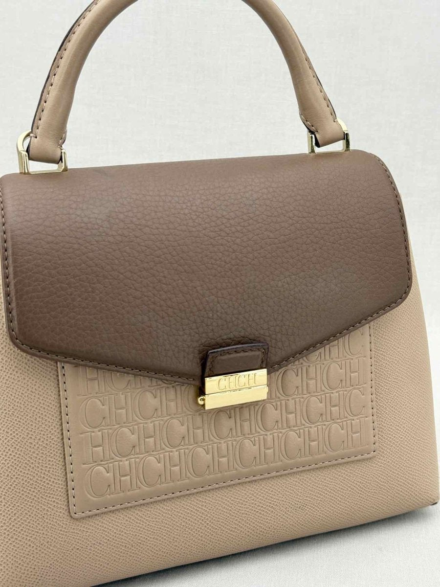 Pre - loved CAROLINA HERRERA Beige & Brown Monogram Top Handle at Reems Closet