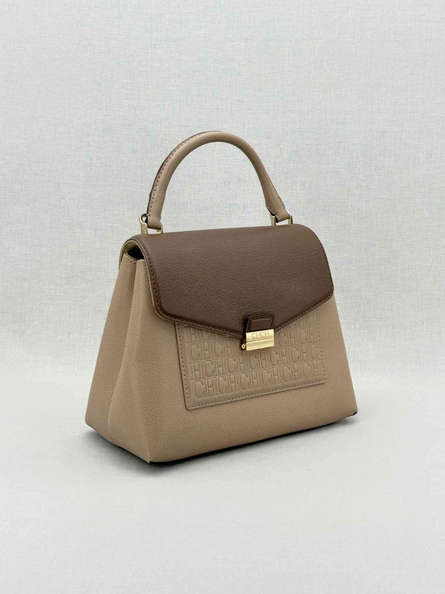 Pre - loved CAROLINA HERRERA Beige & Brown Monogram Top Handle at Reems Closet