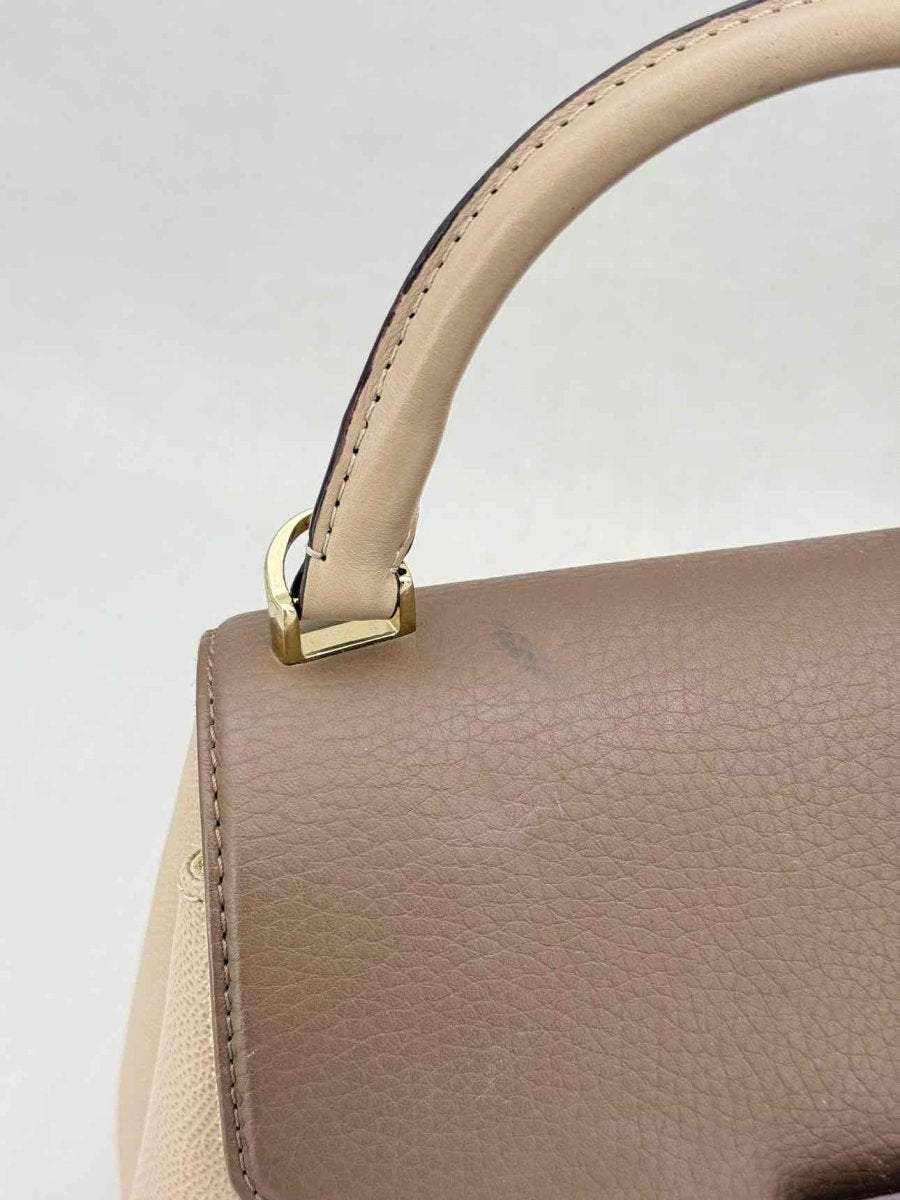 Pre - loved CAROLINA HERRERA Beige & Brown Monogram Top Handle at Reems Closet