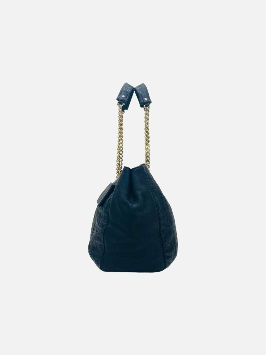 Pre - loved CAROLINA HERRERA Bow Navy Blue Logo Shoulder Bag at Reems Closet