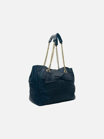 Pre - loved CAROLINA HERRERA Bow Navy Blue Logo Shoulder Bag at Reems Closet