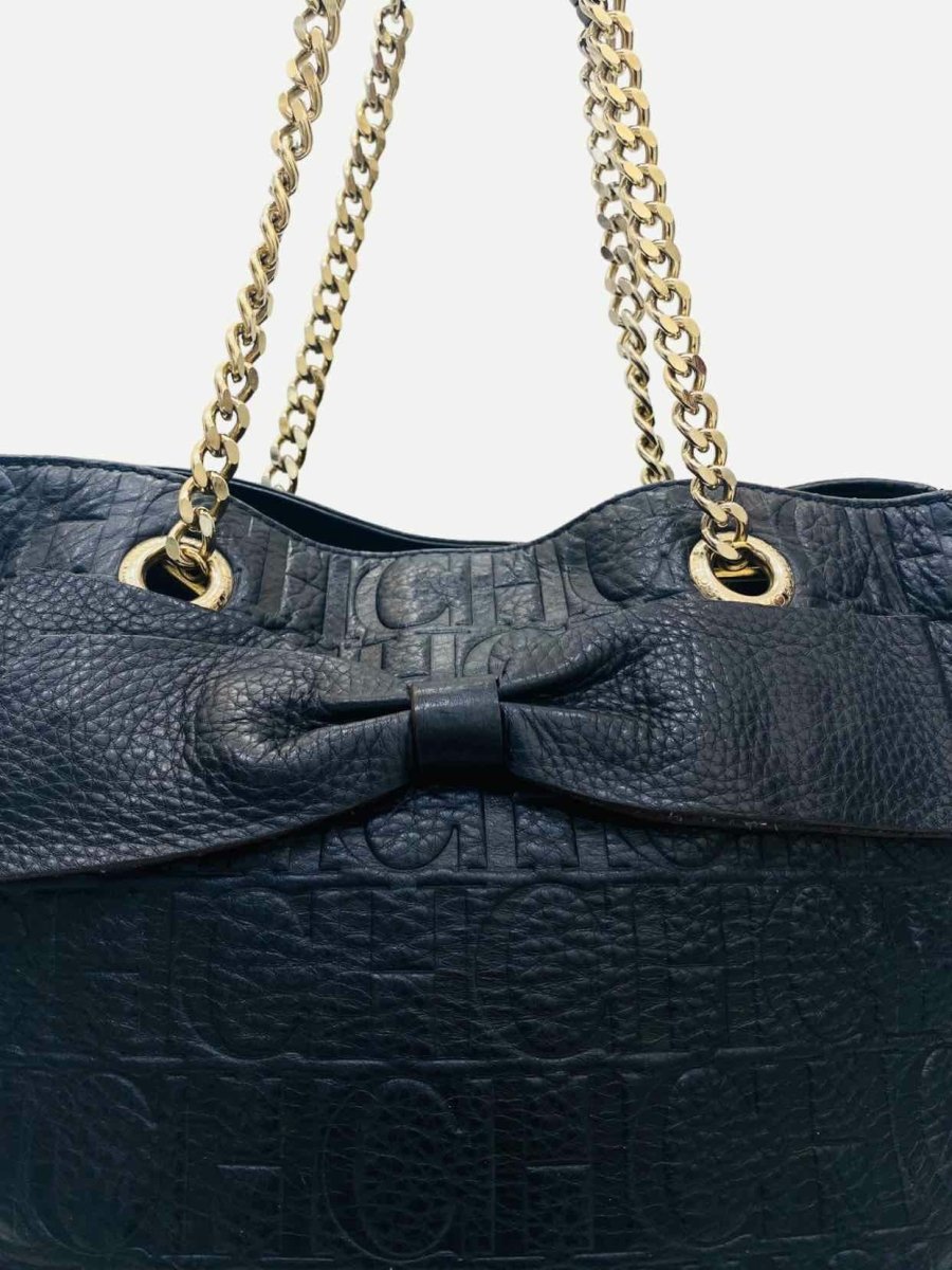 Pre - loved CAROLINA HERRERA Bow Navy Blue Logo Shoulder Bag at Reems Closet