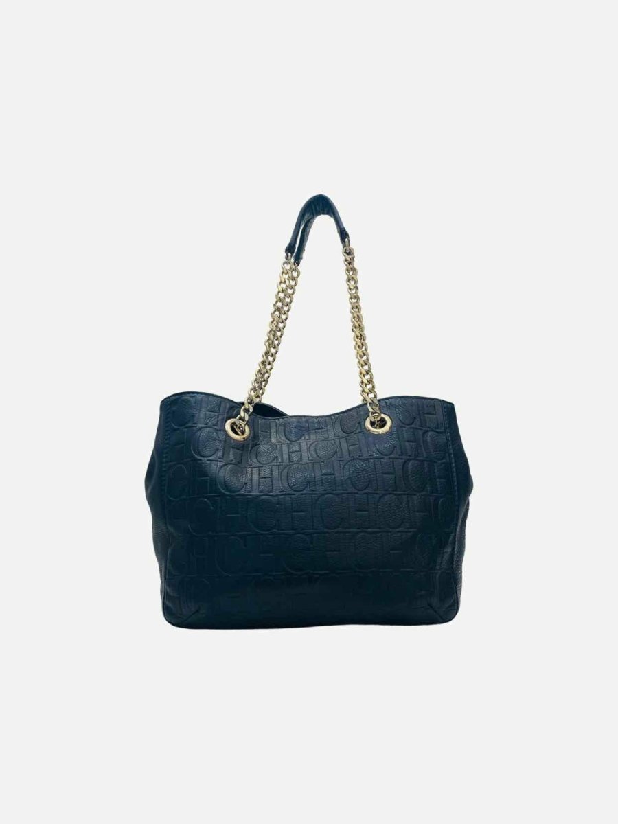 Pre - loved CAROLINA HERRERA Bow Navy Blue Logo Shoulder Bag at Reems Closet