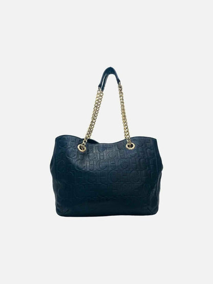 Pre - loved CAROLINA HERRERA Bow Navy Blue Logo Shoulder Bag at Reems Closet