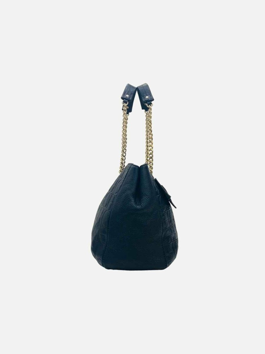 Pre - loved CAROLINA HERRERA Bow Navy Blue Logo Shoulder Bag at Reems Closet