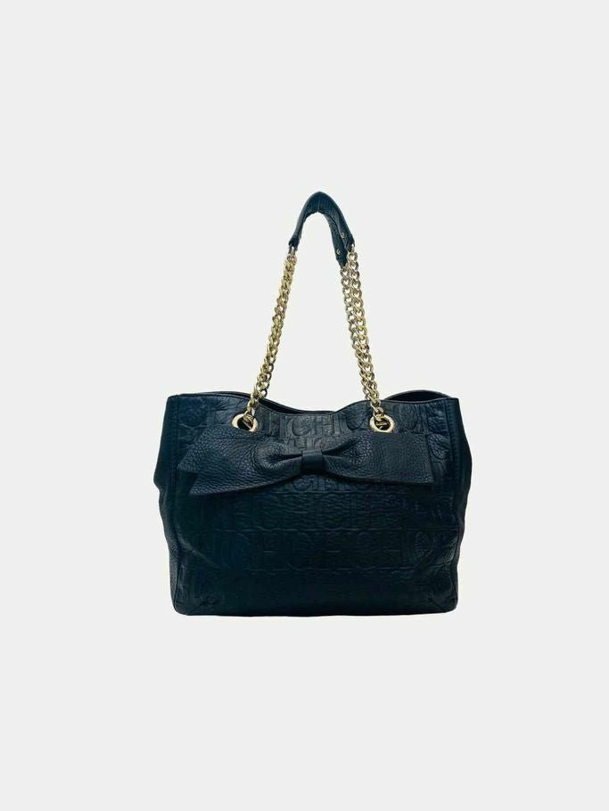 Pre - loved CAROLINA HERRERA Bow Navy Blue Logo Shoulder Bag at Reems Closet
