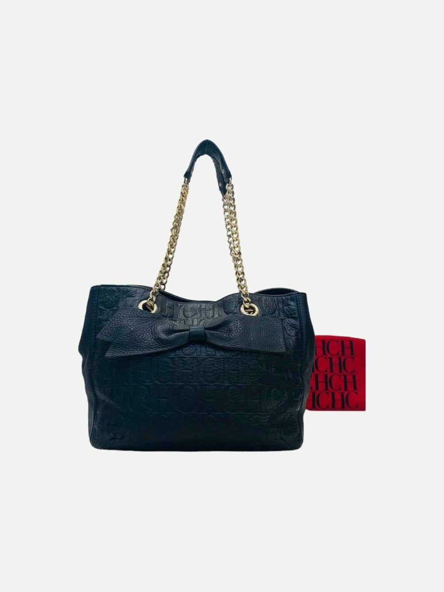 Pre - loved CAROLINA HERRERA Bow Navy Blue Logo Shoulder Bag at Reems Closet