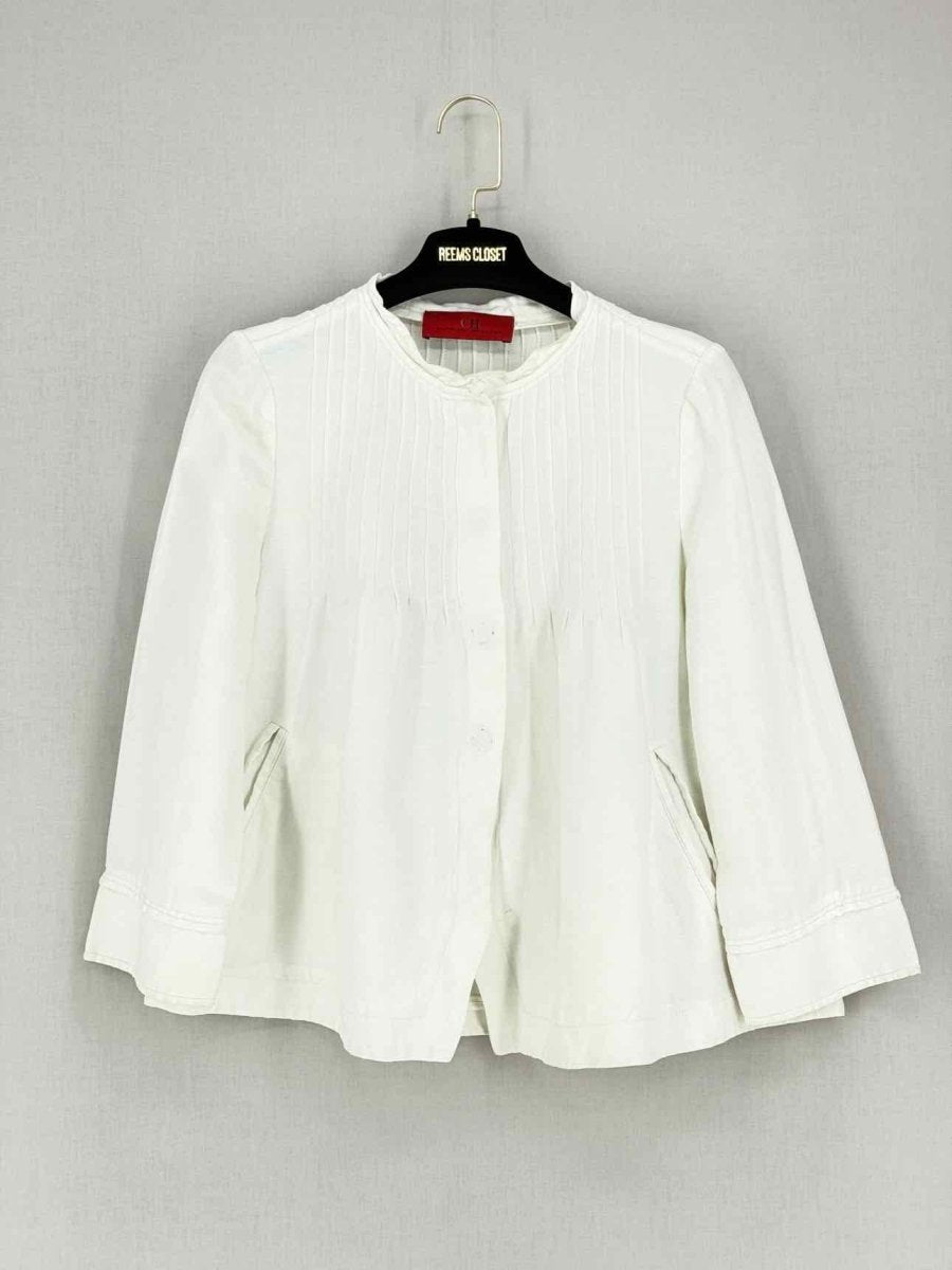 Pre - loved CAROLINA HERRERA Off - white Pleated Size XSmall Blouse at Reems Closet