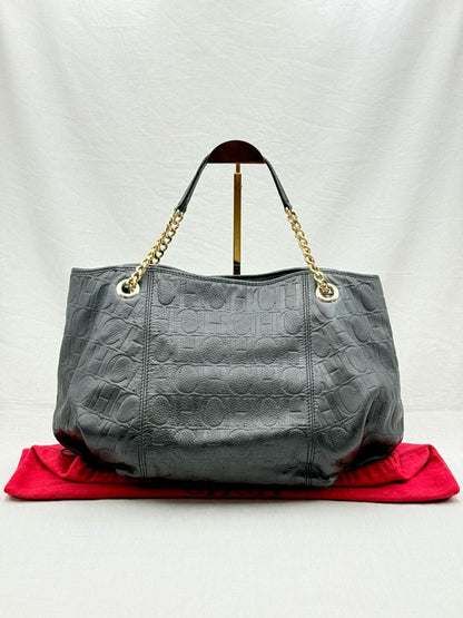 Pre - loved CAROLINA HERRERA Poppy Black Monogram Embossed Tote Bag at Reems Closet