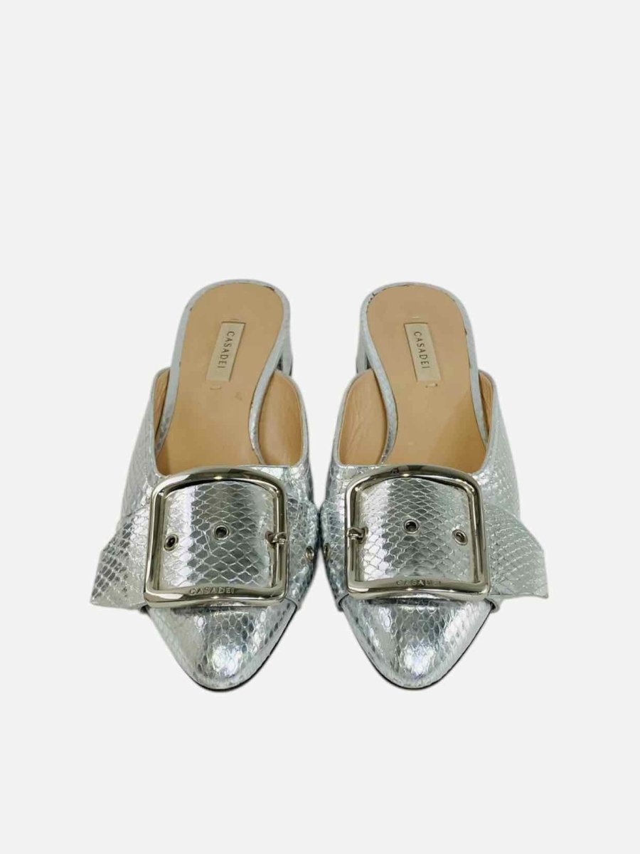 Pre - loved CASADEI Embossed Metallic Silver Mules 40 at Reems Closet