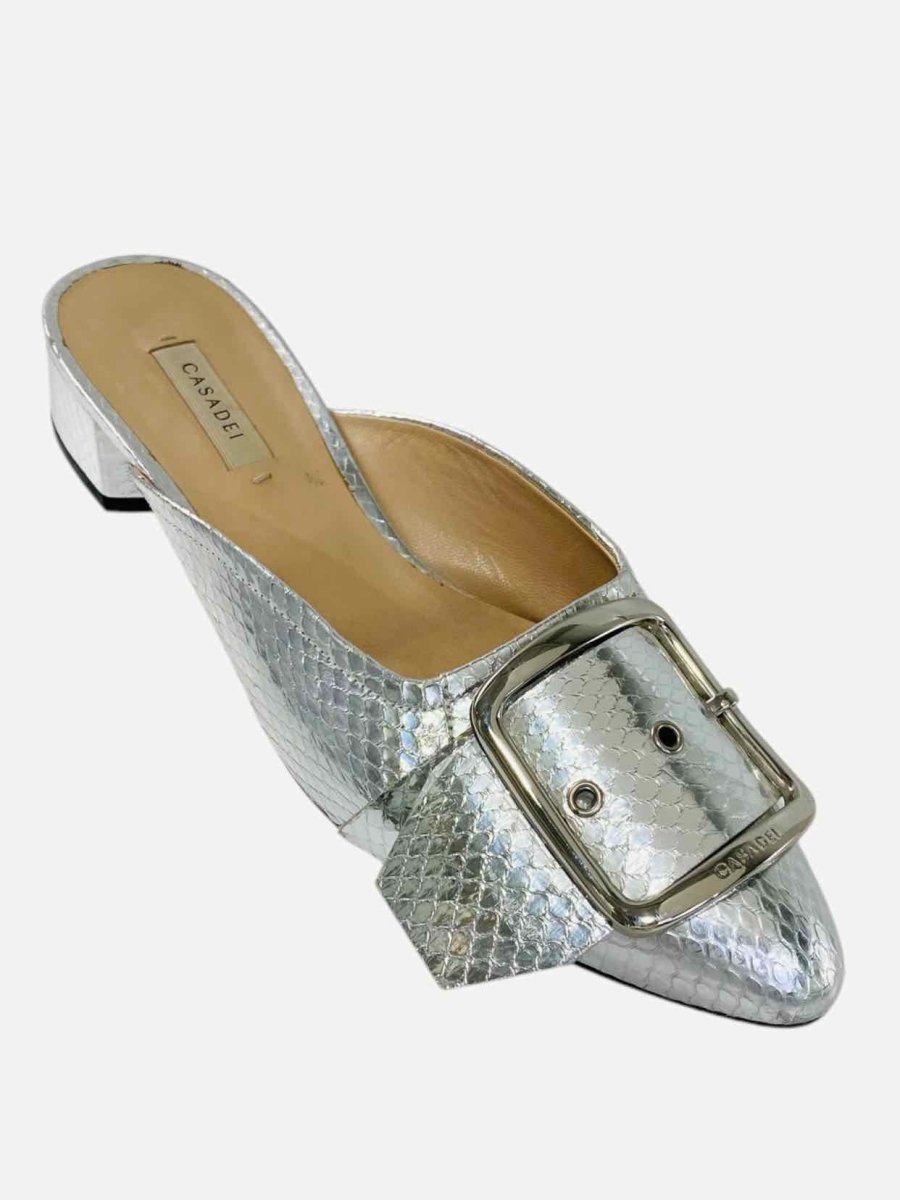 Pre - loved CASADEI Embossed Metallic Silver Mules 40 at Reems Closet